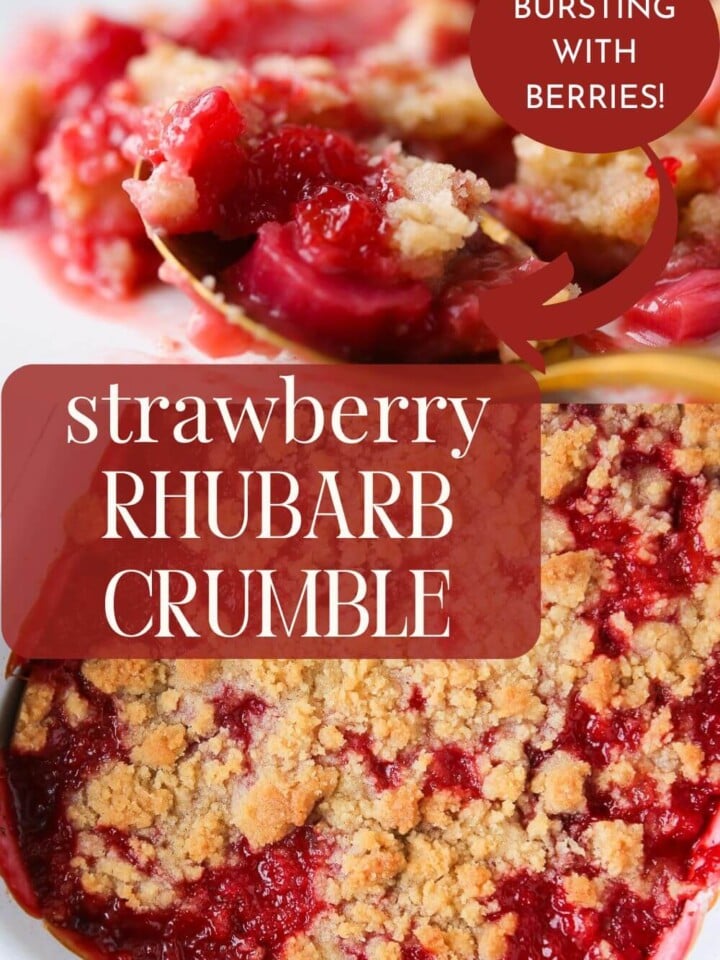 Baked strawberry rhubarb crumble in a white dish with bubbling fruit and golden topping.