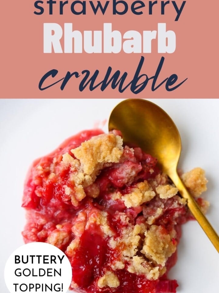 Close-up of soft rhubarb and strawberries under a crunchy cinnamon topping.