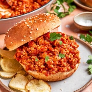 Chopped fresh herbs sprinkled on top of turkey sloppy joes.