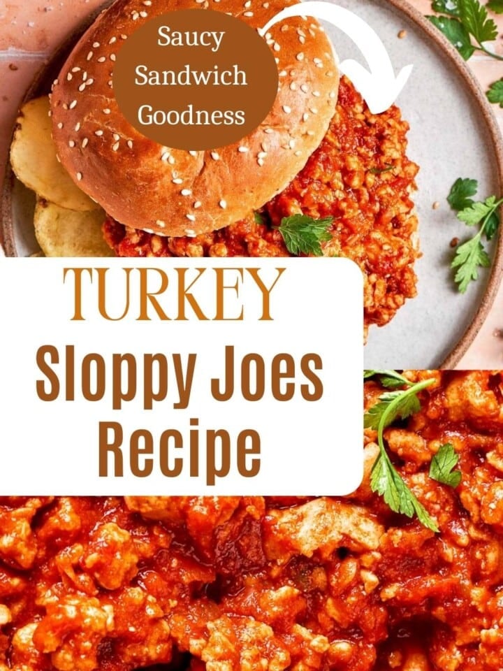 A serving of turkey sloppy joes on a toasted bun with a spoonful of sauce.