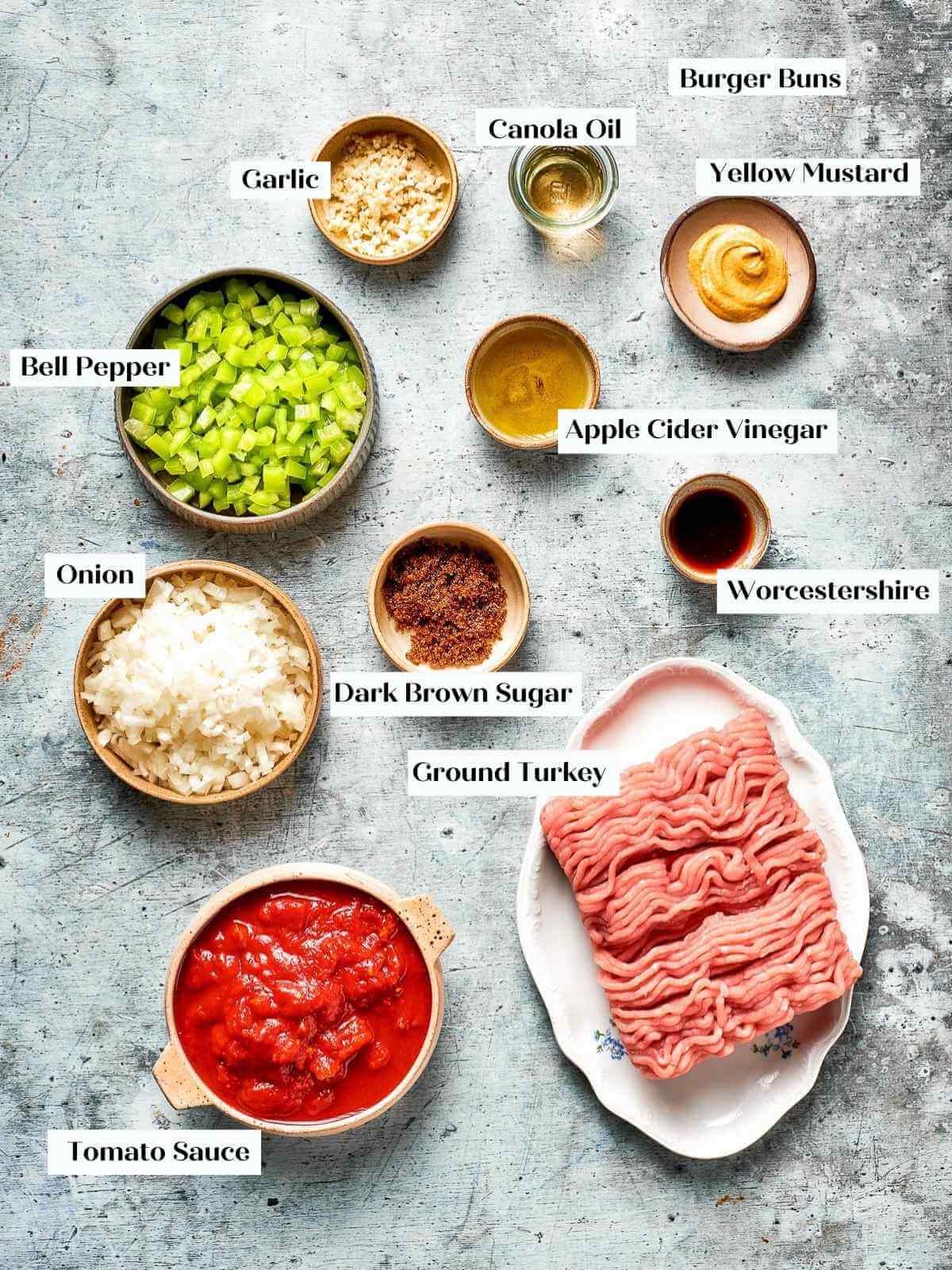 Ingredients for turkey sloppy joes laid out on a kitchen counter.