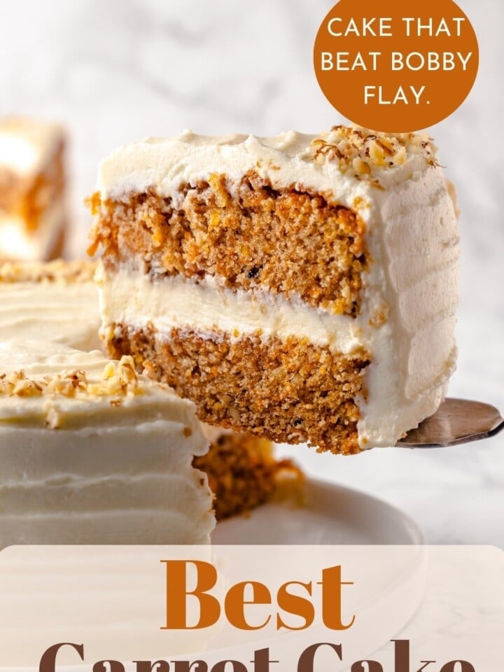 Carrot cake slice on cake server.