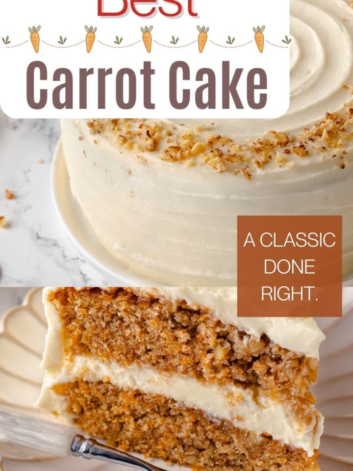 Whole carrot cake on a cake plate with piped frosting edges.