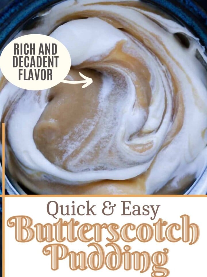 Bowl of butterscotch pudding topped with whipped cream.