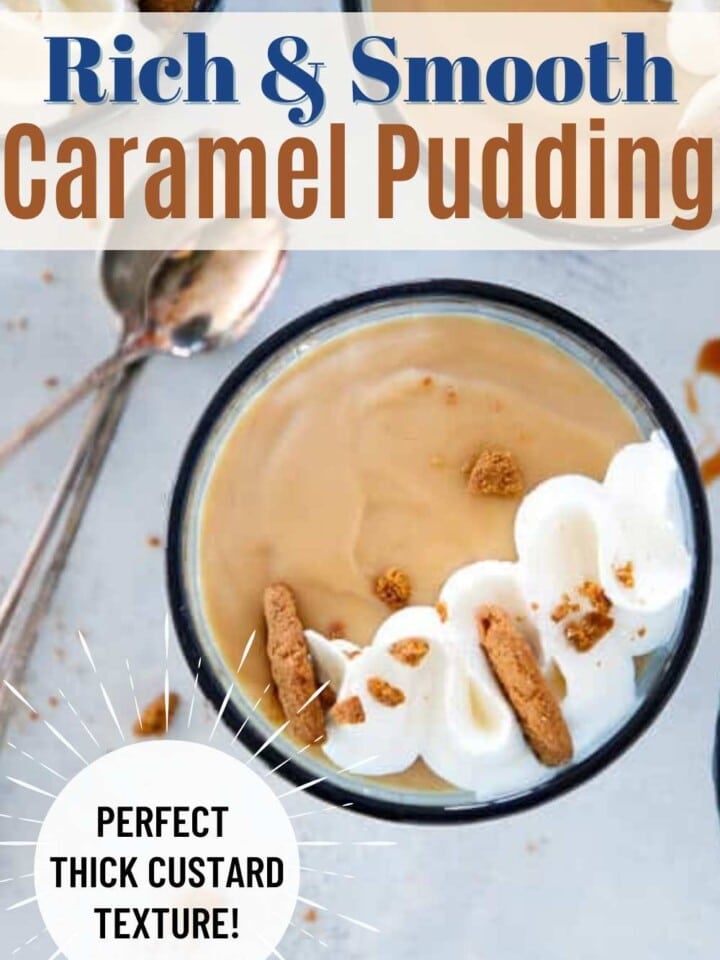 Overhead shot of caramel puddings in small bowls.