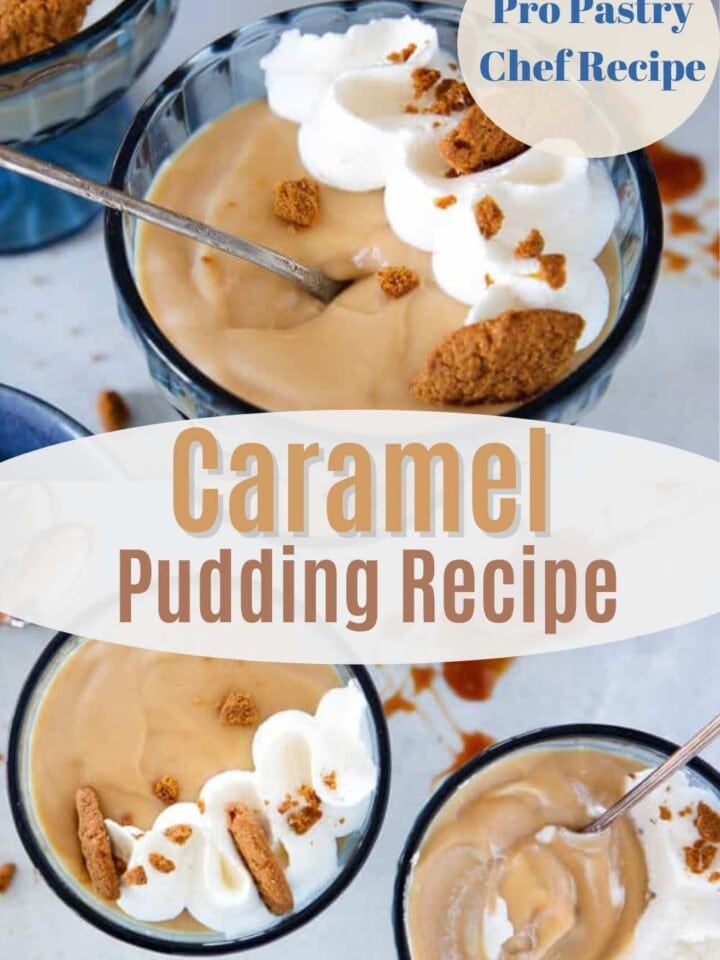 A serving of caramel pudding with whipped cream in a glass dish.