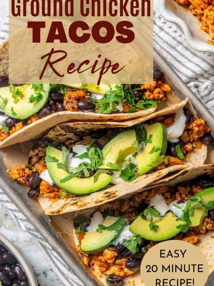 Three ground chicken tacos in whole wheat tortillas with avocado and yogurt.