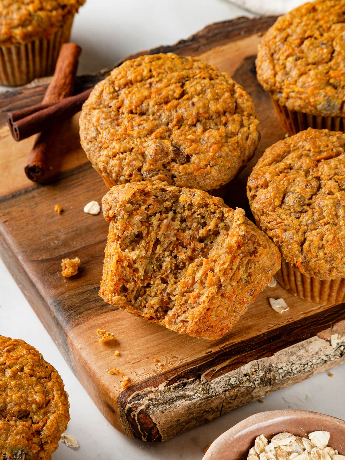 Inside view of a carrot muffin showing soft, tender crumb and texture.