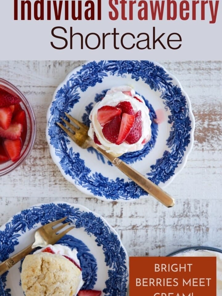 Individual strawberry shortcake dessert with syrupy fruit and citrus cream.