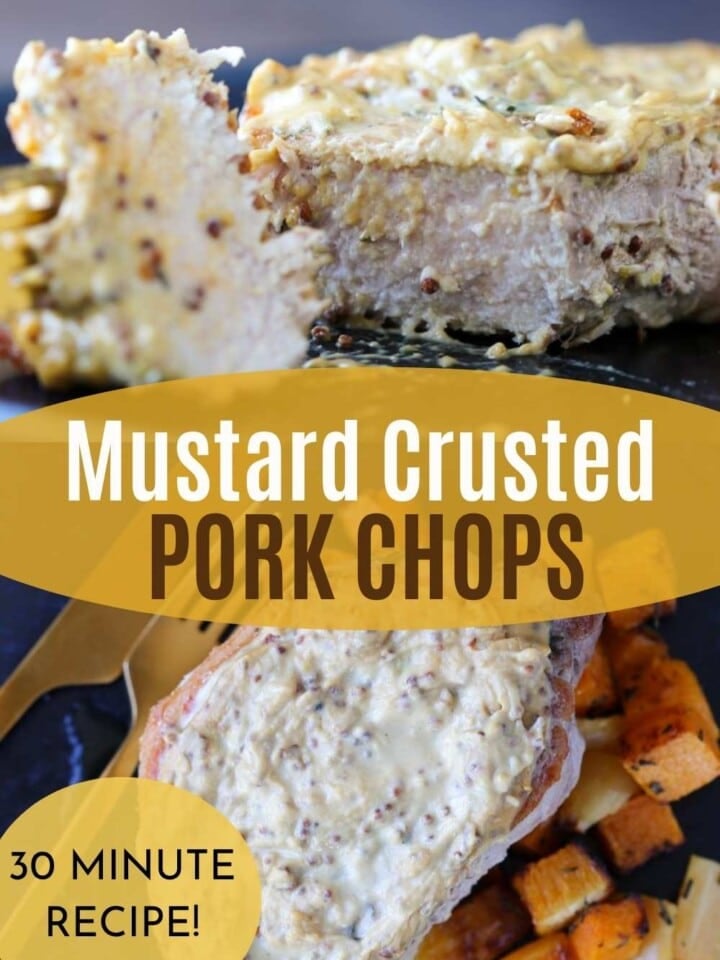Two pork chops with golden mustard crust on a black plate.
