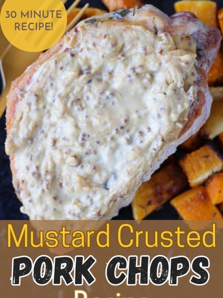 Close-up of seared pork chop with crusted mustard top.