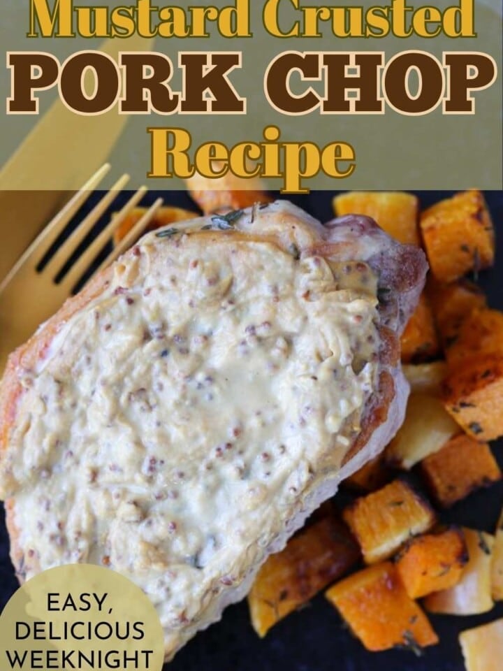 Boneless pork chop topped with whole grain mustard glaze.