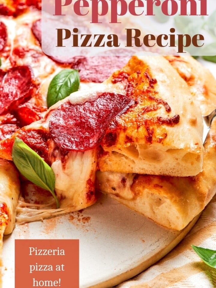 Close-up of golden pizza crust topped with crispy pepperoni.