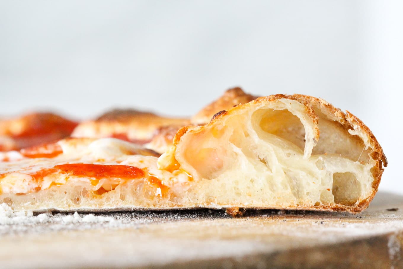 Interior of sourdough pizza crust showing open, airy texture.