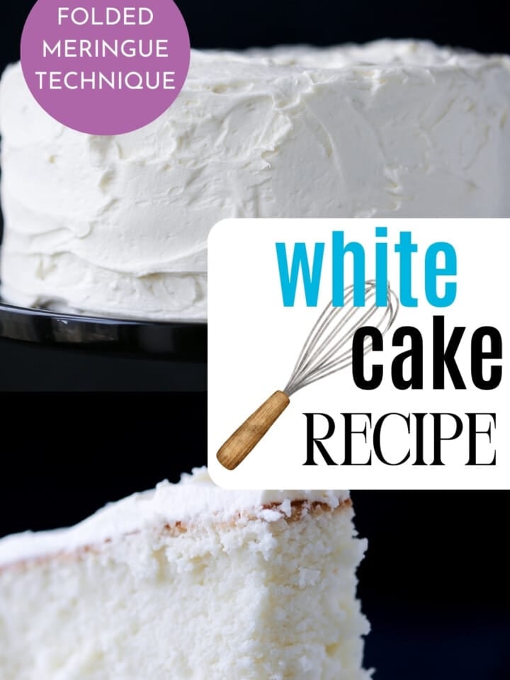 Close-up of moist white cake crumb and creamy frosting.