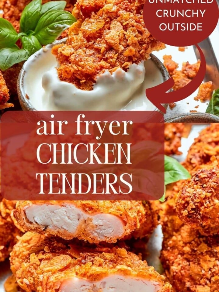 Juicy chicken tender broken in half, showing the well-cooked center and crunchy golden outside.