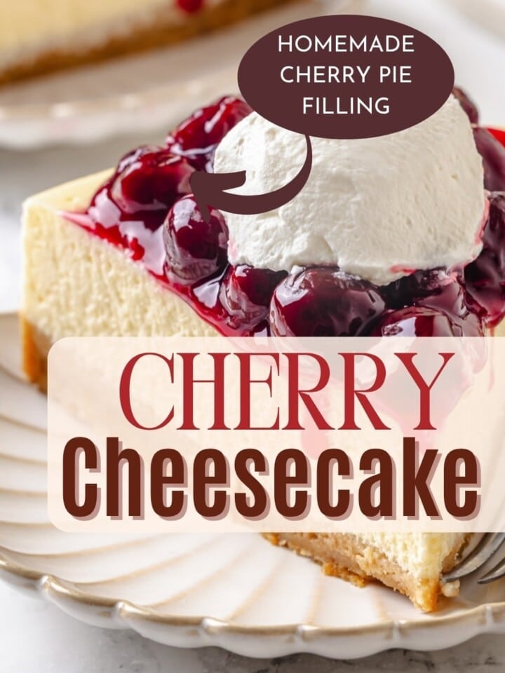 Slice of creamy cheesecake with bright red cherries and golden crust on a white plate.