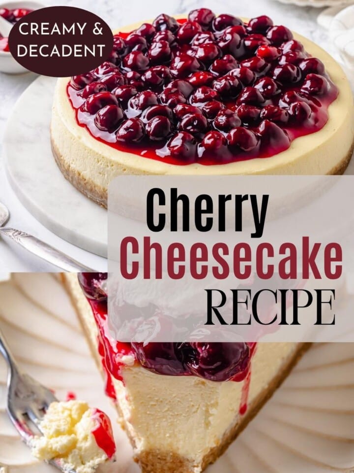 A graham crust cheesecake topped with juicy cherry filling, set on a classic marble background.