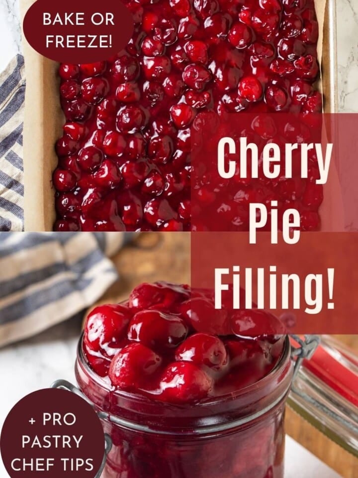 Cherry pie filling spread on baking sheet, thickened and cooling before use in desserts.