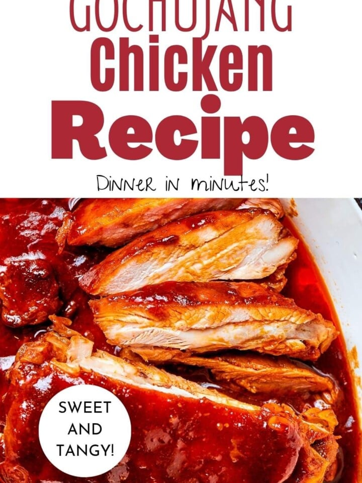 Korean-inspired chicken pieces in rich gochujang sauce sliced.