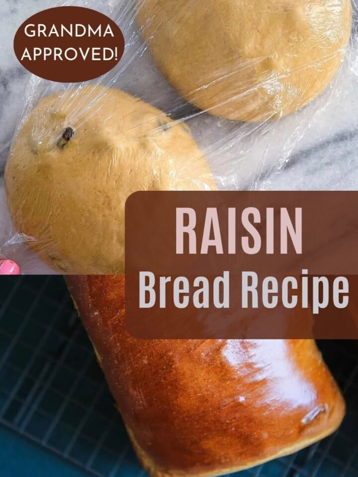 a golden-brown loaf of raisin bread cooling on the counter with warm kitchen light.