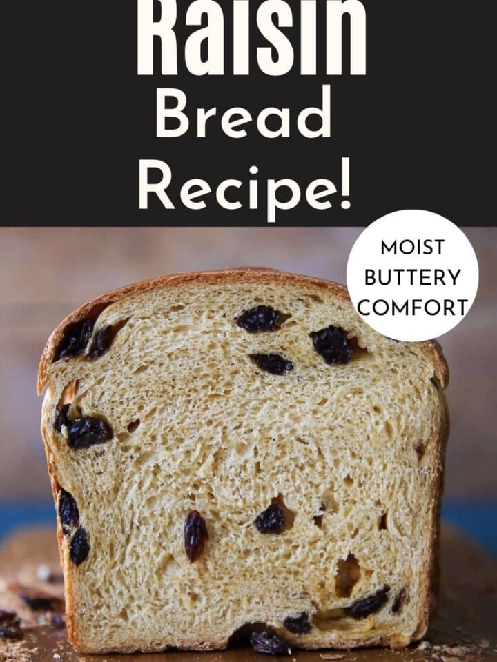 Sliced raisin bread with visible molasses-rich crumb and plump raisins throughout the inside.