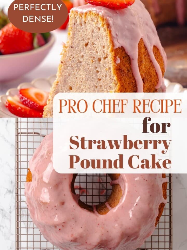 A baked strawberry pound cake cooling on a rack with glaze slowly setting across the surface.