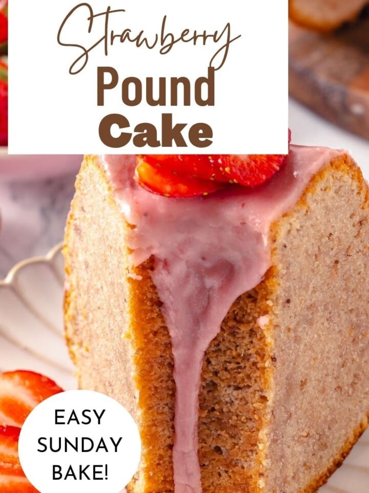 A slice of strawberry pound cake showing soft texture, topped with thick pink glaze and crumbs.