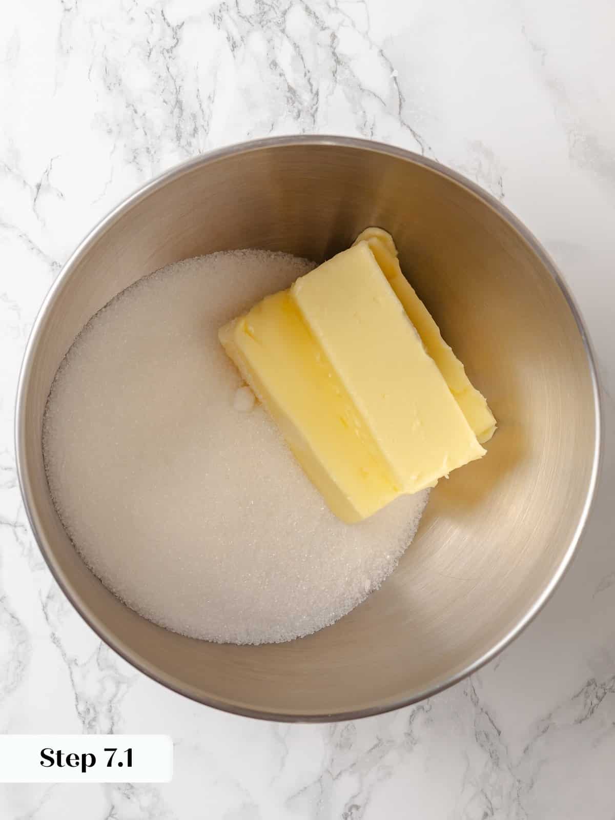 Butter and sugar ready to be creamed in a stand mixer until light and fluffy.