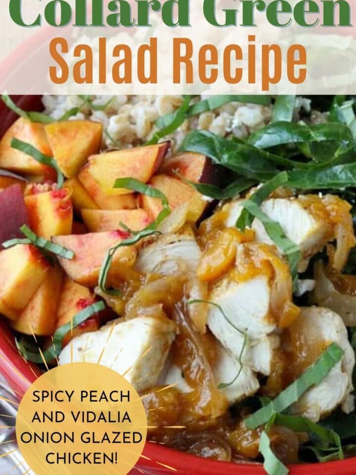 Salad with thin strips of fresh collard greens, peach glazed chicken, and pieces of fresh peach in a red bowl.