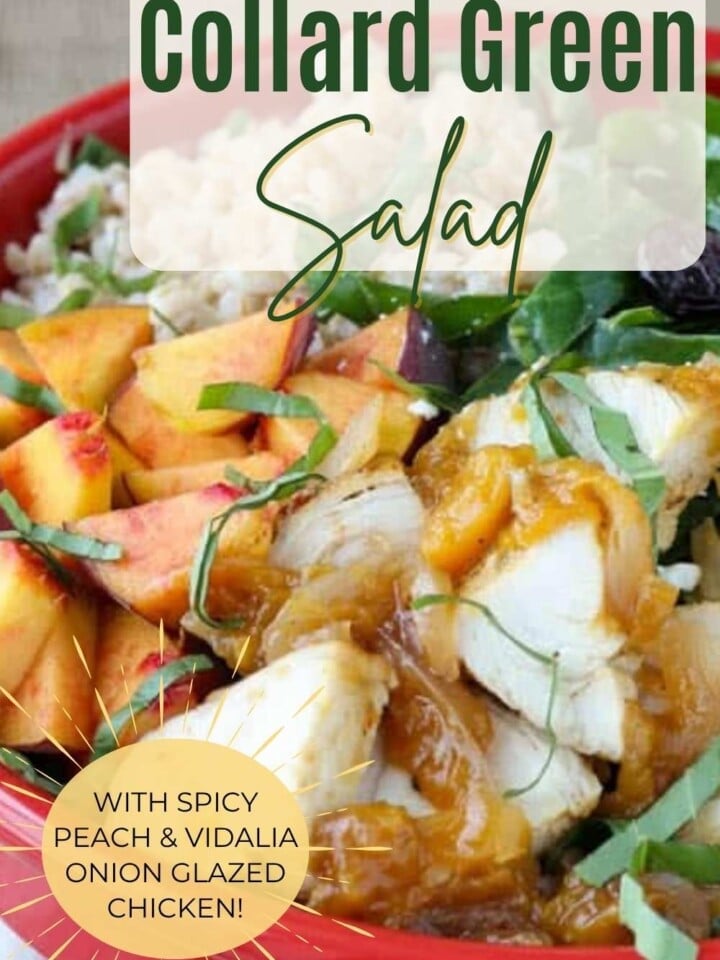 Salad with thin strips of fresh collard greens, peach glazed chicken, and pieces of fresh peach in a red bowl.