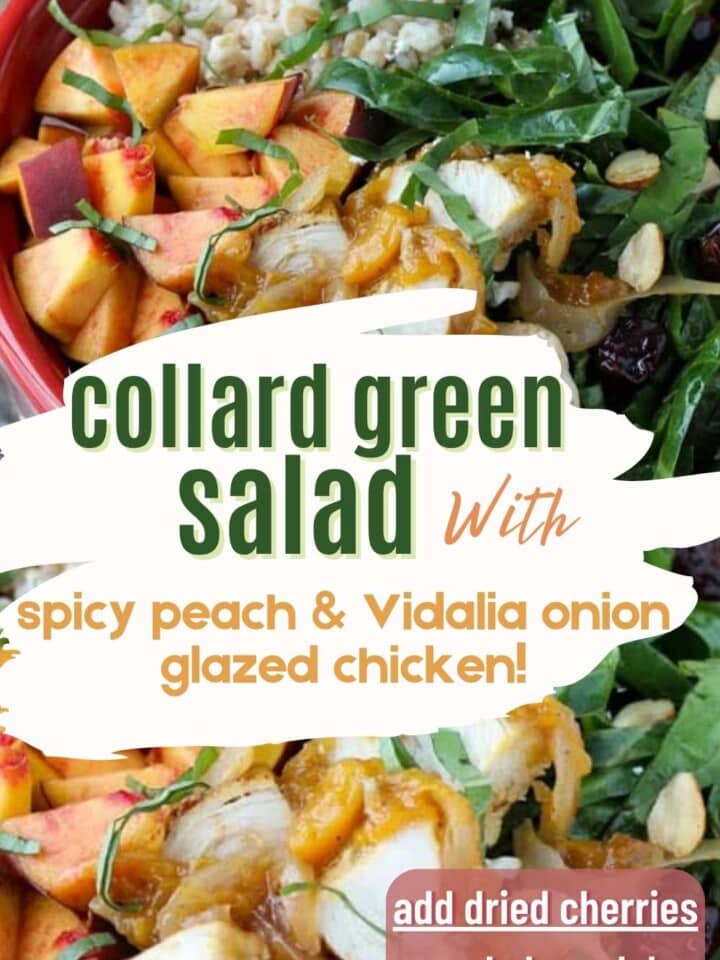 Salad with thin strips of fresh collard greens, peach glazed chicken, and pieces of fresh peach.