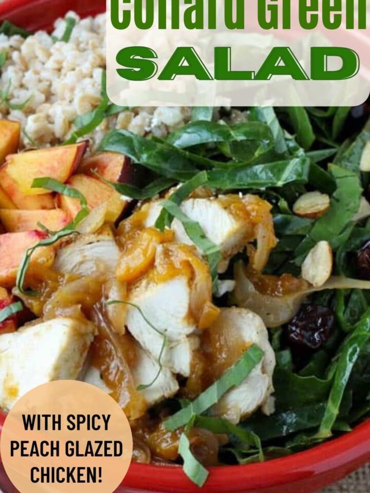 Salad with thin strips of fresh collard greens, peach glazed chicken, and pieces of fresh peach in a red bowl.