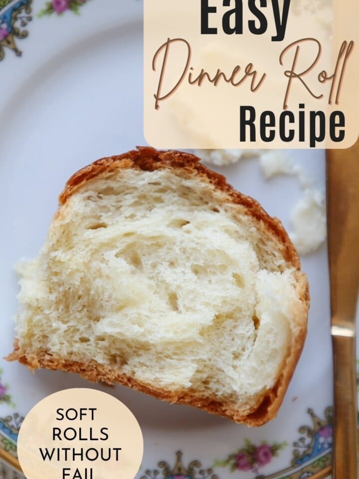 One roll sliced to show its tender interior and fluffy crumb with buttery texture.