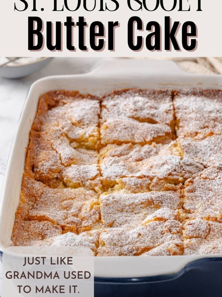 Yeasted gooey butter cake sliced into squares with visible gooey topping and tender cake base.