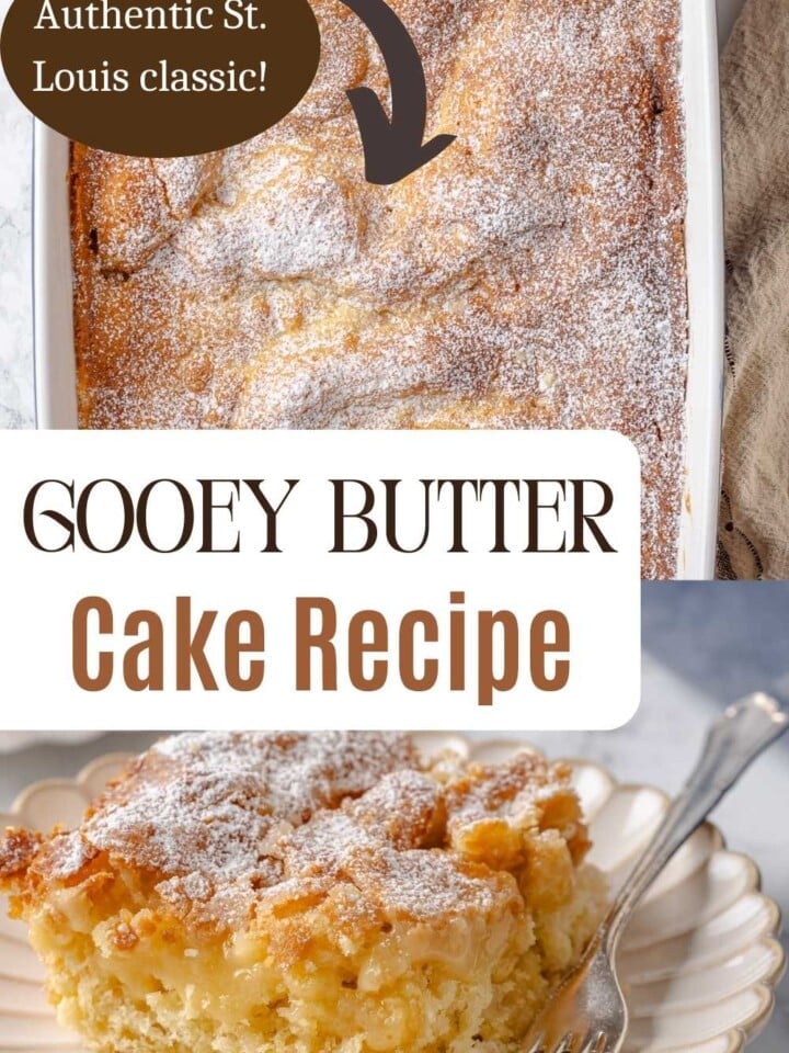 Baked gooey butter cake in a pan with sugar-dusted top and lightly puffed golden crust.