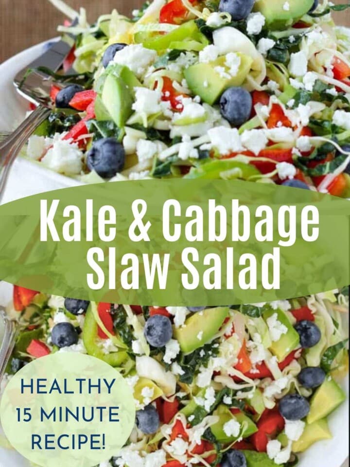Closeup of Kale & Cabbage salad showing toppings of fresh avocado, blueberries, sliced red bell peppers, and feta cheese.