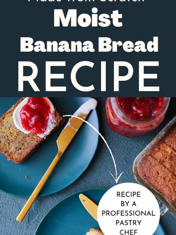 Moist banana bread sliced and ready to serve, made with ripe bananas and lemon zest.