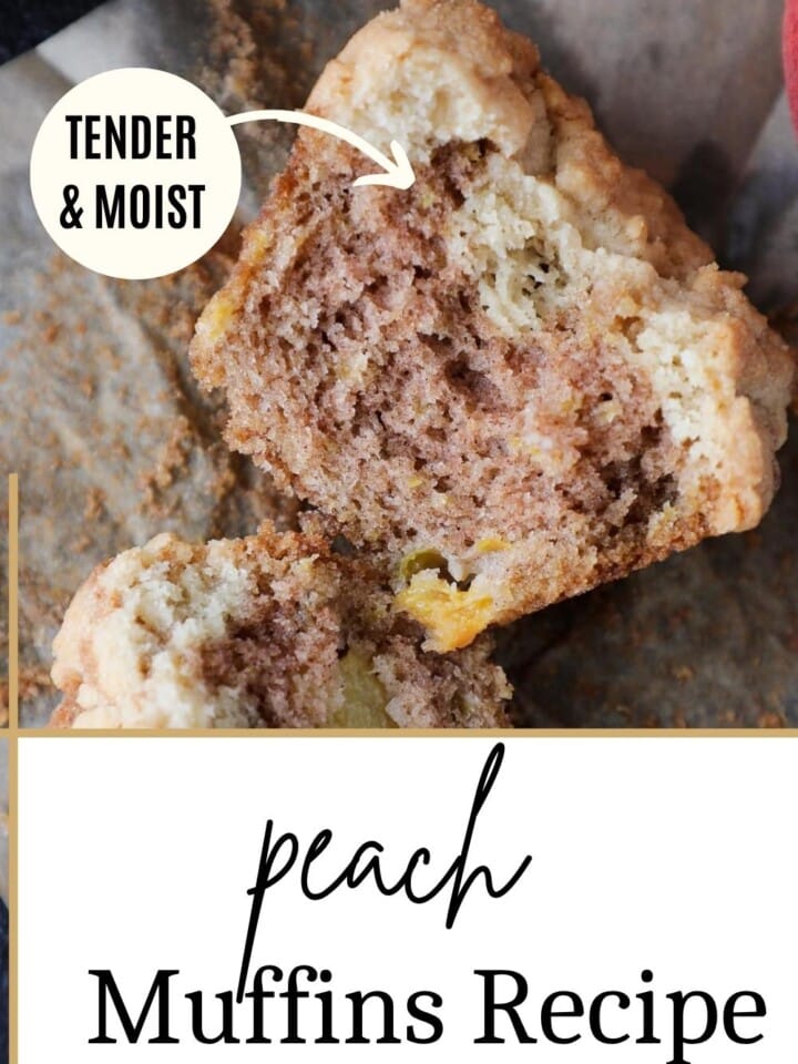 One peach muffin broken in half to show soft texture and baked peach pieces inside.