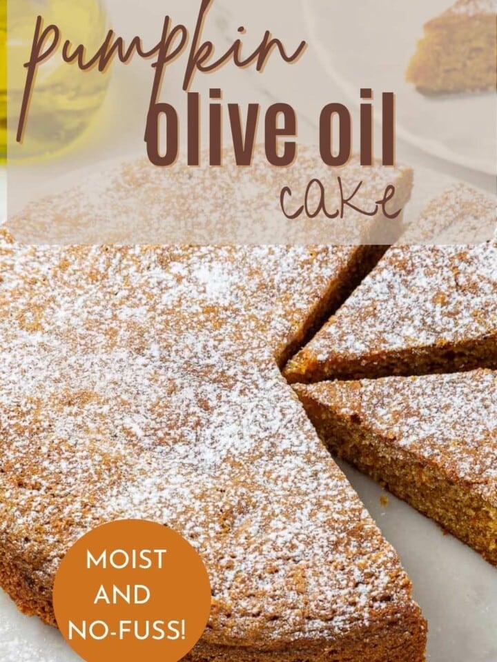 A spiced pumpkin cake made with olive oil, sliced and served.