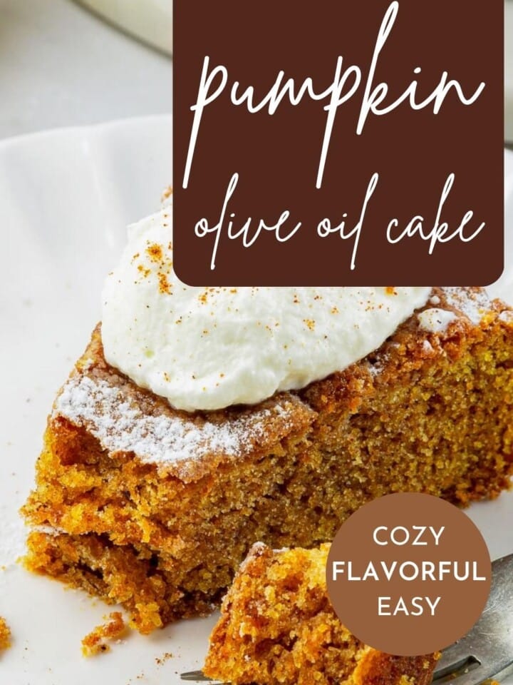 Golden pumpkin olive oil cake sliced cleanly, showing tender texture.