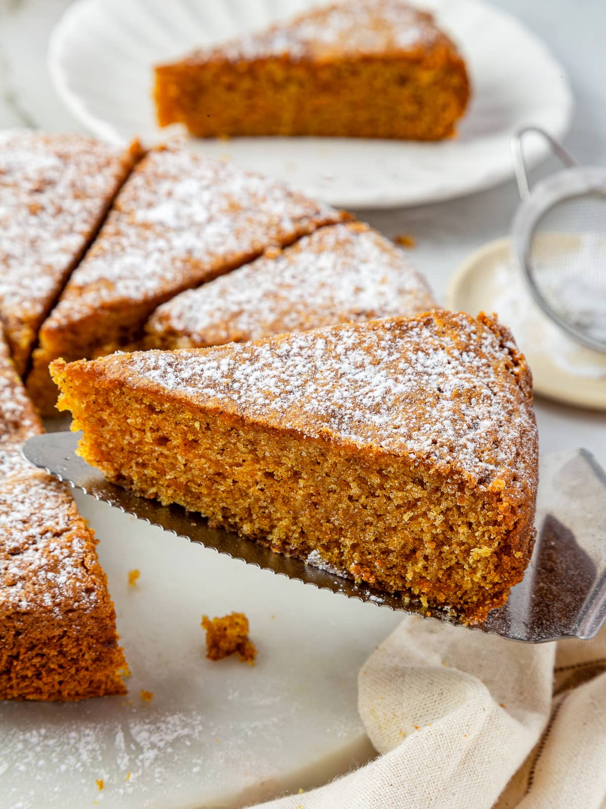 one slice of pumpkin cake ready to serve.