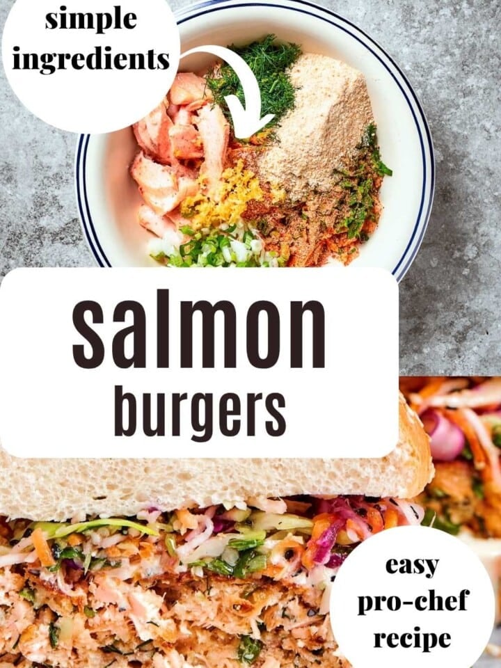Salmon burger cut in half showing flaky texture, herbs, and creamy sauce inside the bun.
