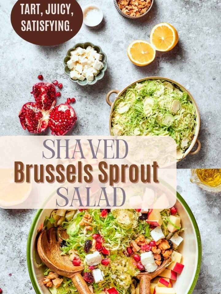 A bowl of shaved Brussels sprout salad with pear, feta, and lemon vinaigrette for Thanksgiving.