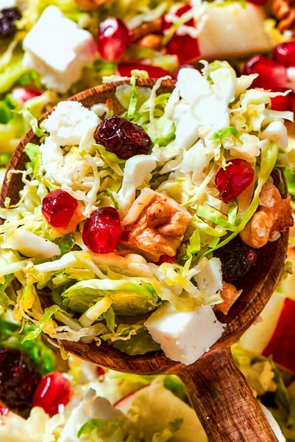 A full spoonful of Brussels sprout salad showing layered textures and bright ingredients.