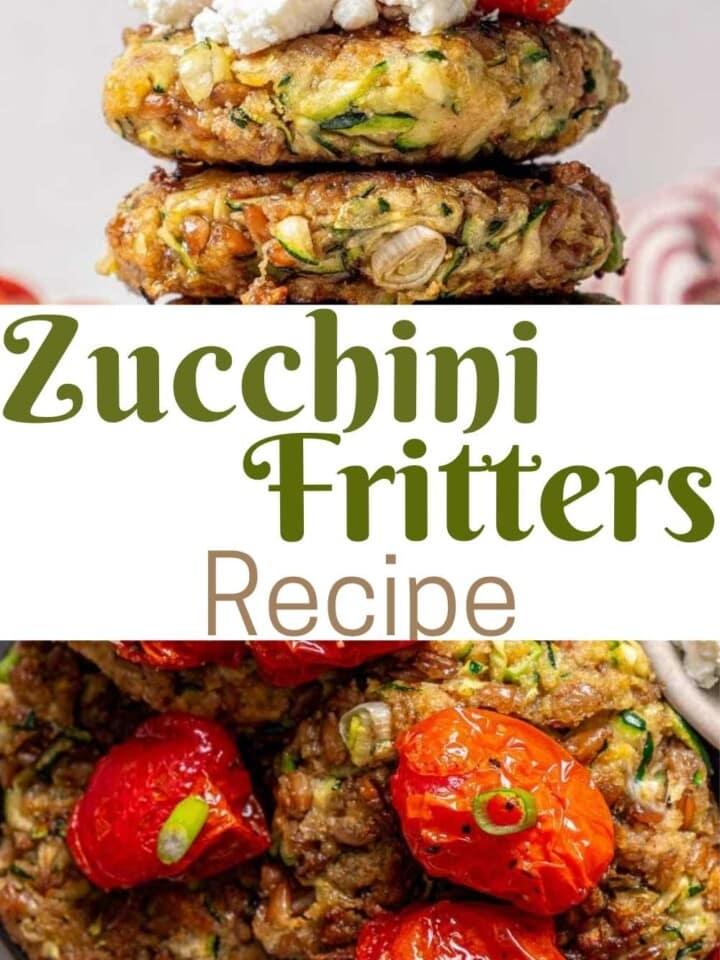 A stack of golden brown zucchini fritters, and a closeup of roasted tomato topping.