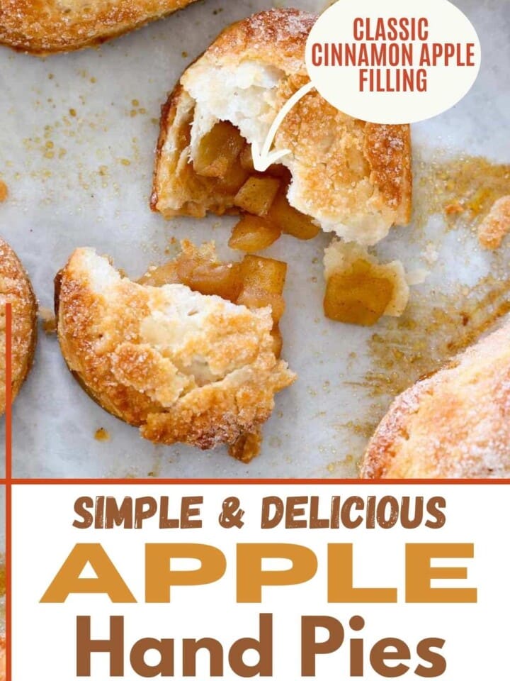Apple hand pie broken open to show cinnamon apple filling.