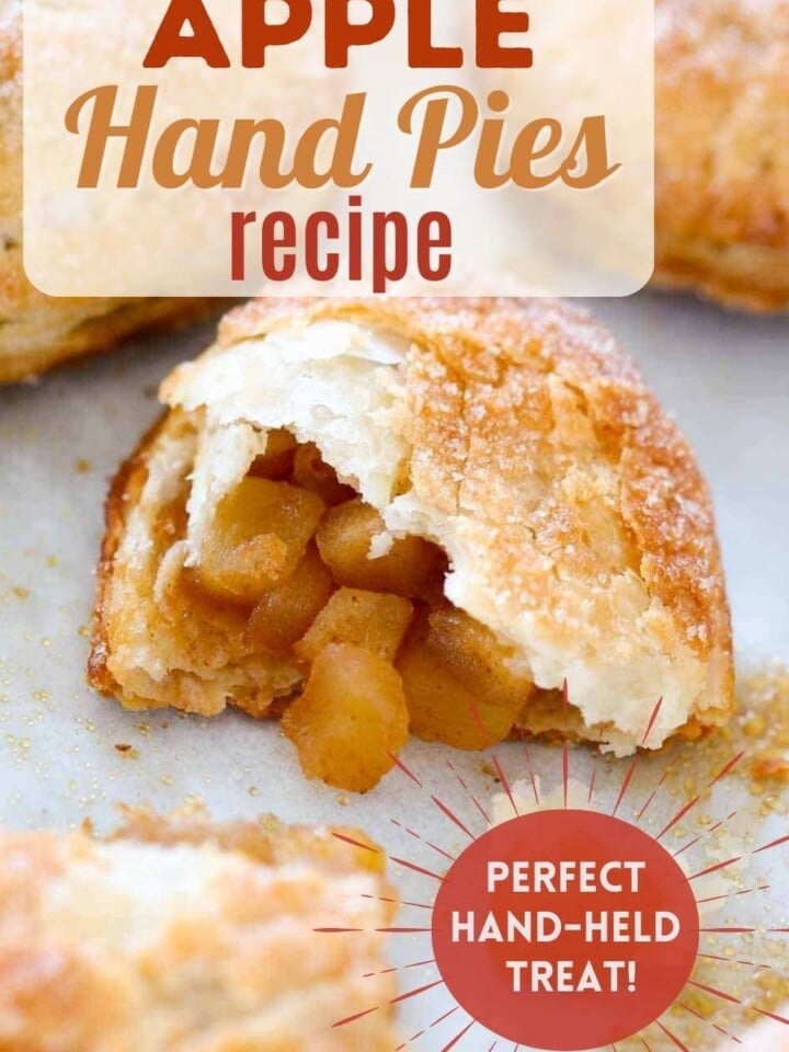 Apple hand pie broken open to show cinnamon apple filling with callout that reads perfect handheld treat.