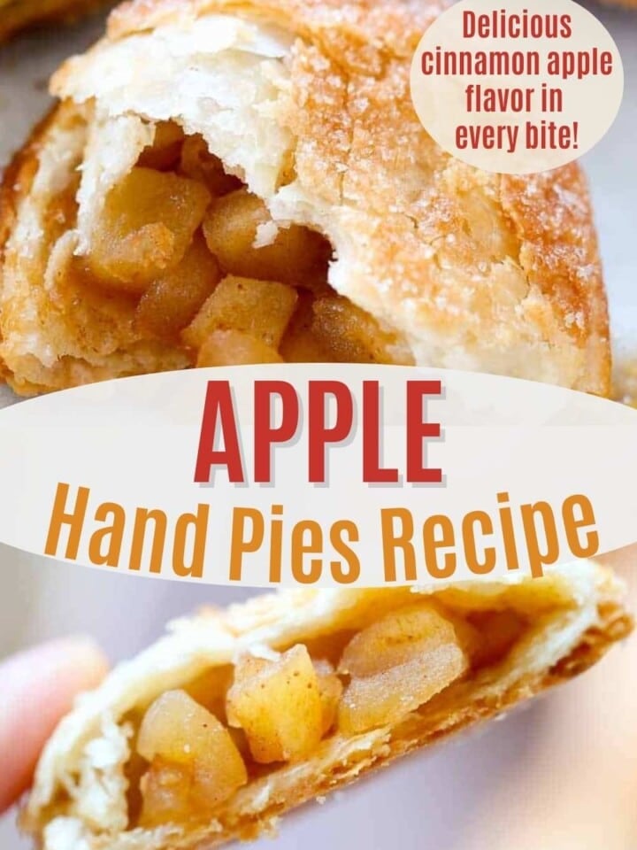 Apple hand pie broken open to show cinnamon apple filling with callout that reads delicious cinnamon apple flavor in every bite.