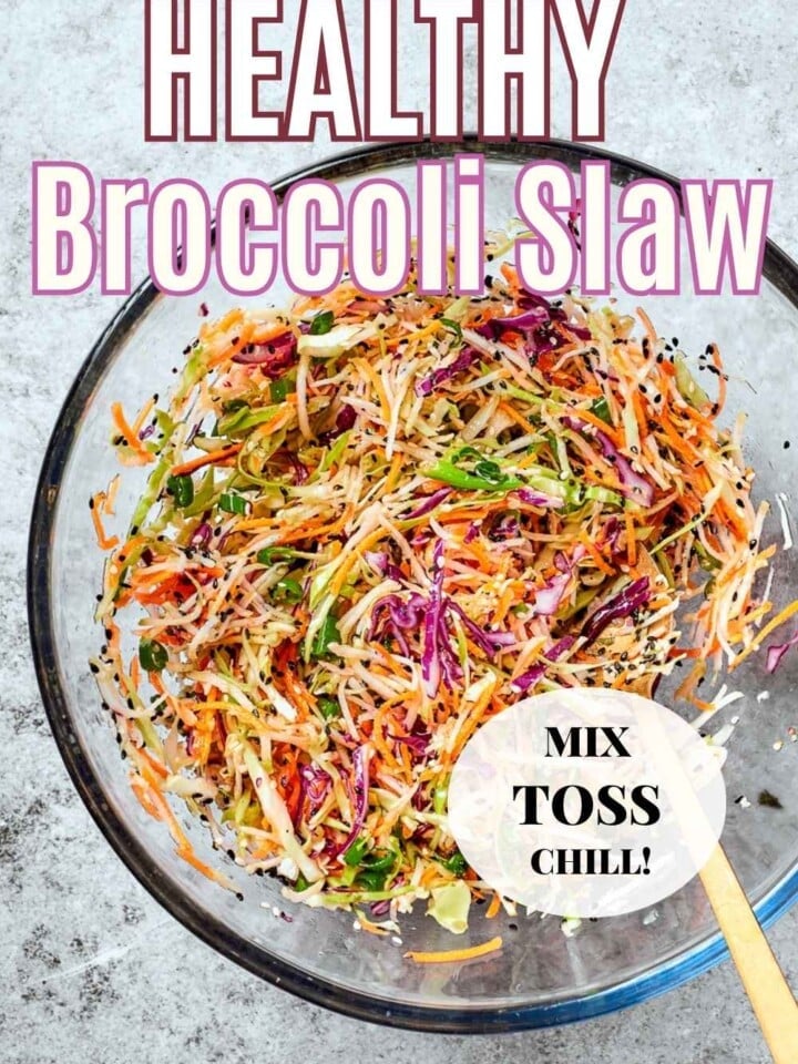Healthy broccoli slaw made with sesame seeds and vinegar, tossed in one bowl without mayo.
